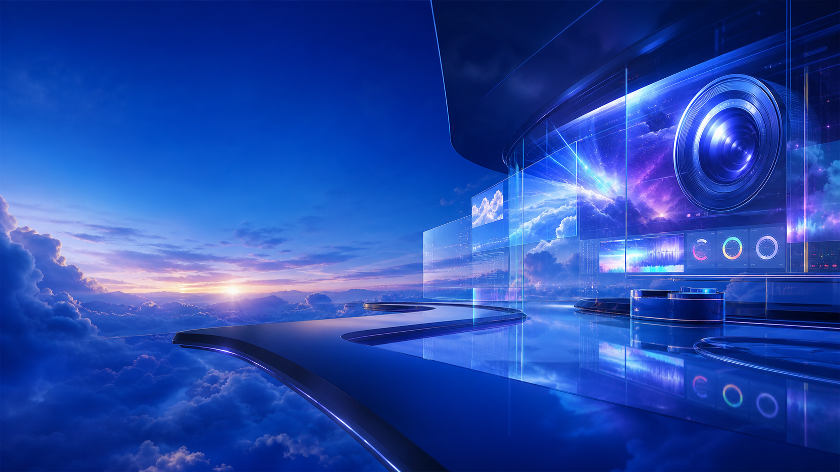 Futuristic creative studio floating above luminous blue clouds